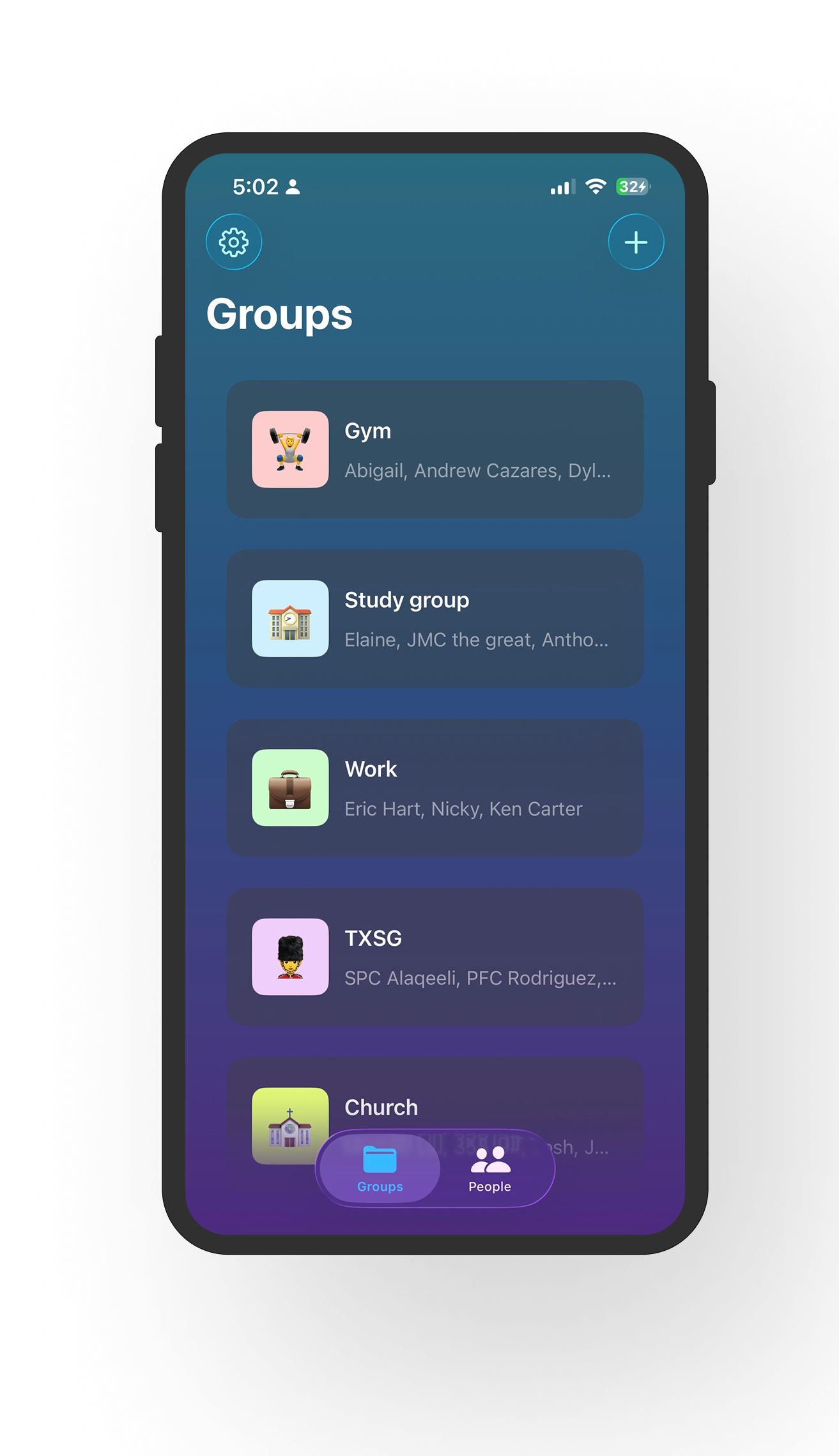 Name Keeper app showing organized groups of people